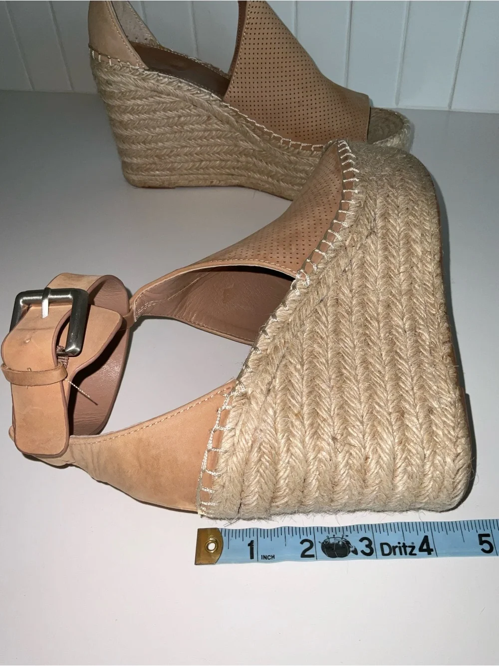 Marc Fisher Tan Perforated Espadrille Wedge Sandals with Ankle Strap
